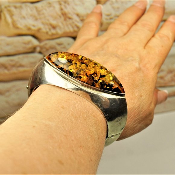 HUGE AMBER 925 SILVER BANGLE BRACELET, RARE TO FIND JEWELRY - Picture 3 of 11
